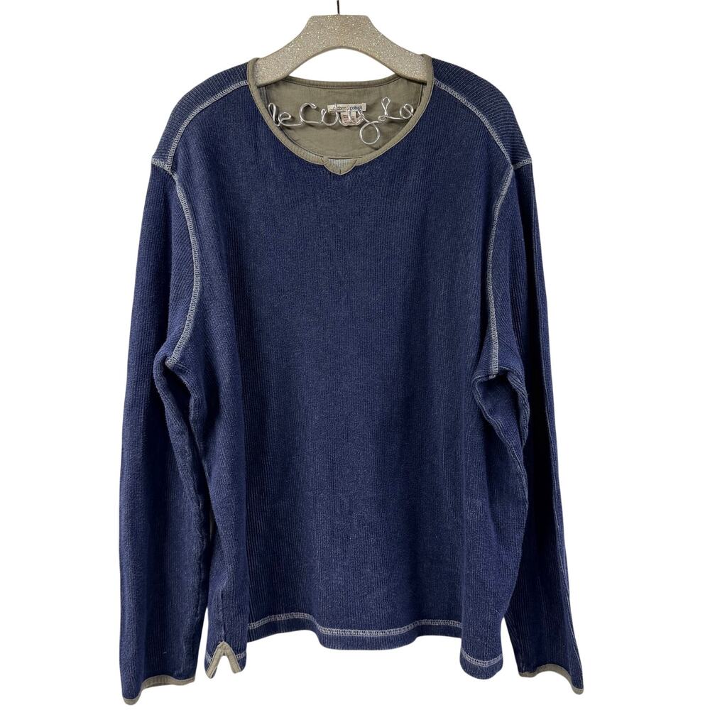 Carbon 2 Cobalt Waffle Knit Sweater Blue XL 100% Cotton Split Crewneck Pullover